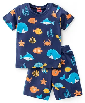 Babyhug Single Jersey Knit Half Sleeves Night Suit With Sea Life Print - Navy Blue