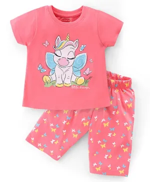 Babyhug Cotton Knit Single Jersey Half Sleeves Capri Night Suit With Unicorn Print - Pink
