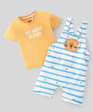 Babyhug 100% Cotton Knit Dungaree and Half Sleeves T-Shirt Set Text & Lion Print - Orange & Blue