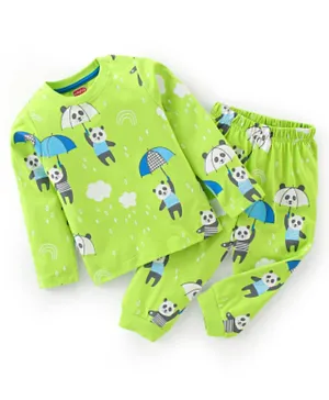 Babyhug Cotton  Knit Full Sleeves Night Suit With Panda Print - Green