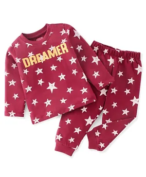 Babyhug Single Jersey Knit Full Sleeves Stars Printed Night Suit - Maroon