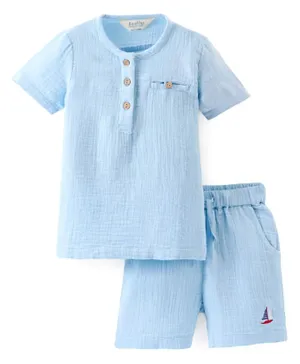 Bonfino Cotton Double Gauze Shirt & Shorts Set - Blue