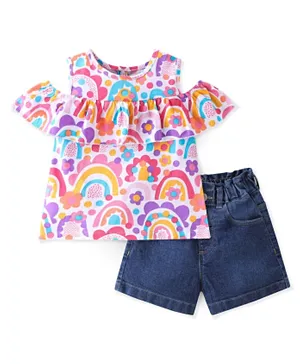 Babyhug 100% Cotton Knit Cold Shoulder Top & Shorts With Rainbow Print - Blue & Pink