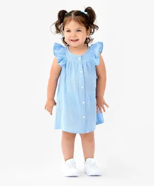 Bonfino 100% Cotton Woven Frill Sleeves Solid A-Line Dress - Blue
