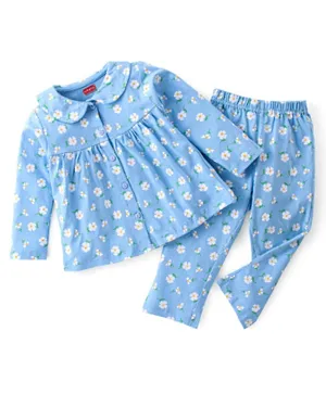 Babyhug Single Jersey Knit Full Sleeves Front Open Pyjama Set Floral Printed - Blue