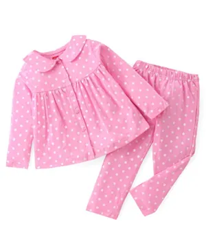Babyhug Cotton Knit Full Sleeves Night Suit With Star Print - Pink & White