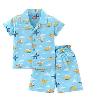 Babyhug Cotton Knit Half Sleeves Night Suit With Helicopter Print - Blue