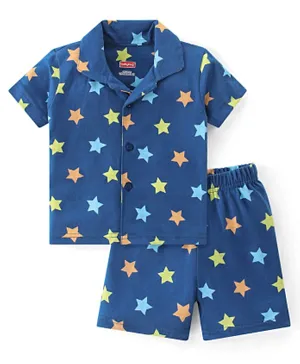 بيبي هاغ بدلة نوم قطنية محبوكة بأكمام قصيرة وطبعة نجوم - باللون الأزرق الداكن