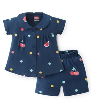 Babyhug Single Jersey Knit Half Sleeves Front Open Shorts/Co-ord Set Polka Dot Print  - Navy Blue