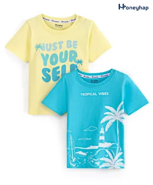 Honeyhap 2 Pack Premium 100% Cotton Jersey Knit Half Sleeves Tropical Theme Print T-Shirts with Bio Finish - Blue Radiance & Lemonade