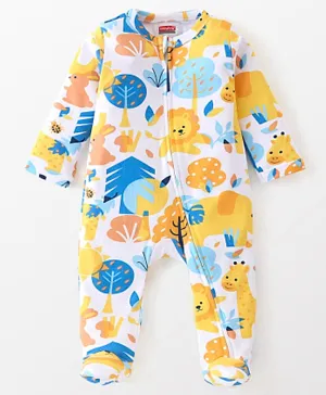 Babyhug Cotton Knit Full Sleeves Footed Sleep Suit With Lion Print - White Blue & Yellow