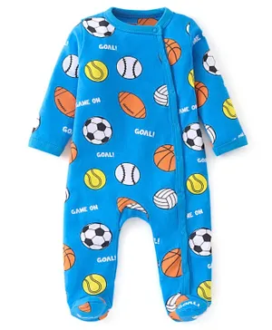 Babyhug Cotton Knit Full Sleeves Footed Sleep Suit With Sports Print - Blue