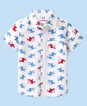 Babyhug 100% Cotton Woven Half Sleeve Regular Collar One Pocket Shark Print Shirt - White