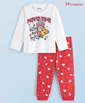 Honeyhap Premium 100% Cotton Jersey Full Sleeves Popcorn & Hearts Printed Night Suit with Bio Finish - Red & White