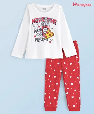 Honeyhap Premium 100% Cotton Jersey Full Sleeves Popcorn & Hearts Printed Night Suit with Bio Finish - Red & White