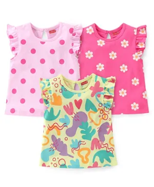Babyhug 100% Cotton Knit Half Sleeves T-Shirts with Floral Graphics & Frill Detailing Pack Of 3 - Multicolor