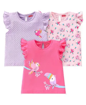 Babyhug Cotton Knit Frill Sleeves Polka Dots & Birds Printed Tops Pack of 3 - Pink & Purple