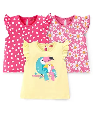 Babyhug Cotton Knit Frill Sleeves Floral & Toucan Bird Printed T-Shirts Pack of 3 - Pink & Yellow