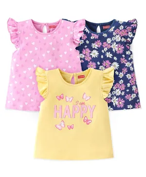 Babyhug 100% Cotton Knit Frill Sleeves Tops with Floral Graphics Pack Of 3 - Pink Navy Blue & Yellow