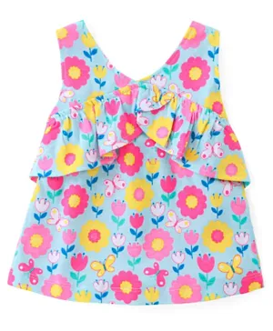 Babyhug Cotton Knit Sleeveless Top With Floral Print & Frill Detailing - Blue