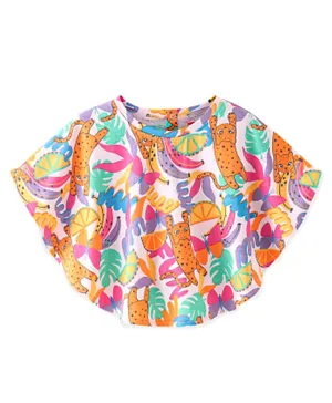 Babyhug Cotton Knit Half Sleeves Kitty & Tropical Printed Top - Multicolour