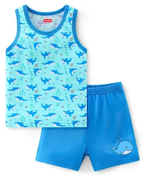 Babyhug 100% Cotton Knit Sleeveless Sando & Shorts Set Shark Print -Blue