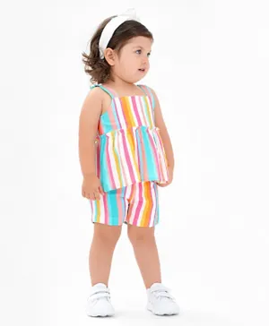 Bonfino 100% Viscose Woven Sleeveless Digital Striped Top & Shorts Set - Multicolor