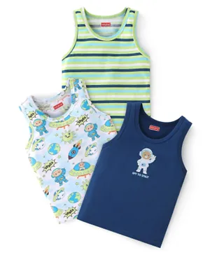 Babyhug 100% Cotton Sleeveless Sando Astronaut Print Pack Of 3 - Green & Blue