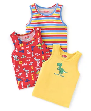 Babyhug 100% Cotton Sleeveless Vests Striped & Dino Print Pack of 3 - Multi Color