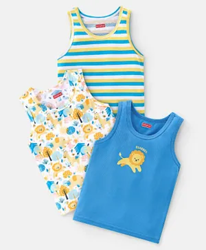 Babyhug 100% Cotton Knit Sleeveless Vests Lion Print Pack of 3 - Blue/Yellow/White