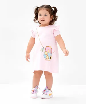 Bonfino 100% Cotton Knit Short Sleeves Frock with Frills and Sling Bag Print - Pink