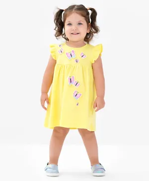 بونفينو فستان محبوك بلا أكمام من القطن 100% مع فراشات ثلاثية الأبعاد - أصفر