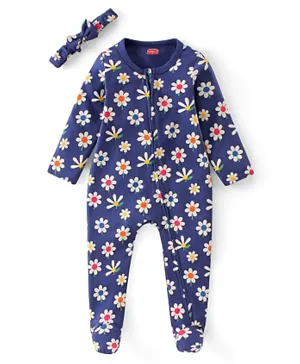 Babyhug Interlock Cotton Knit Full Sleeves Footed Sleepsuit with Headband & Floral Print - Navy Blue