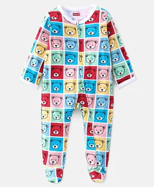 Babyhug Cotton Knit Full Sleeves Footed Sleep Suit With Teddy Print - Pink Red & Blue