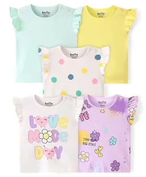 Bonfino 100% Cotton Knit Frill Sleeves Tops  Floral & Polka Dots Print Pack of 5 - Multicolour