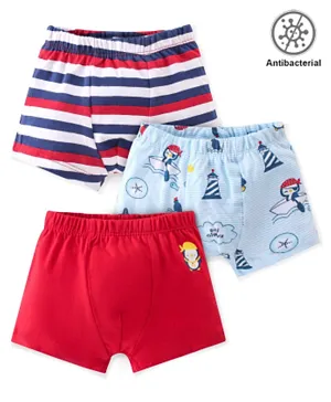 Babyhug 100% Cotton Antibacterial Briefs Striped & Penguin Print Pack Of 3 - Red & Blue