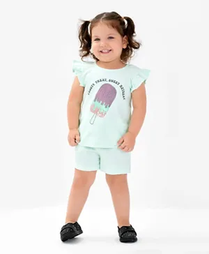 Bonfino 100% Cotton Knit Frill Sleeves Top & Shorts Set With Sequins Embellished - Green