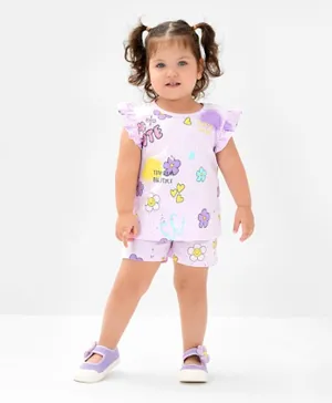 Bonfino 100% Cotton Frill Sleeves T-Shirt & Shorts/Co-ord Set With Floral & Text Print - Lavender
