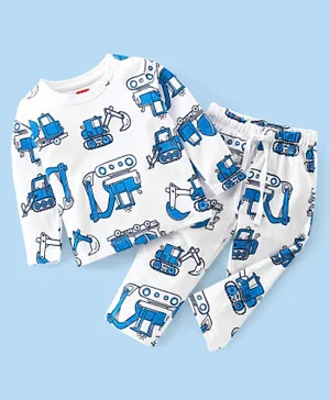 Babyhug Cotton Single Jersey Knit Full Sleeves Night Suit Construction Vehicle Print - White
