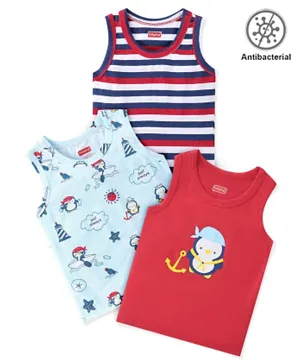 Babyhug 100% Cotton Antibacterial Sleeveless Vests Striped & Penguin Printed Pack of 3 - Red & Blue