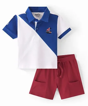Bonfino 100% Cotton Knit Cut & Sew Polo T-Shirt & Shorts Set With Boat Embroidery - Blue/White/Maroon