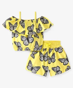 Ollington St. 100% Cotton Knit Off Shoulder Top and Shorts Co-Ord Set Butterfly Print - Yellow