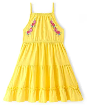 باين كيدز - فستان صوف قطني بدون أكمام بطبعة وردية - أصفر