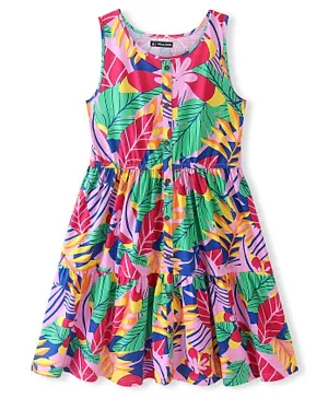 Pine Kids 100% Cotton Knit Sleevless Frock with Leafy Print - Multicolour