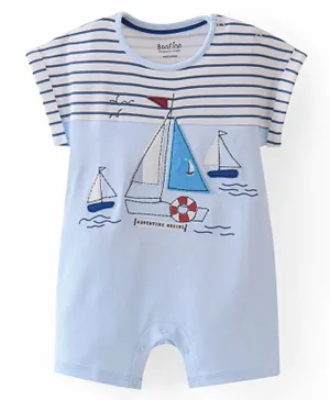 Bonfino Cotton Knit Short Sleeves  Romper with Boat Embroidery - Blue
