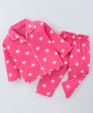 Babyhug Cotton Knit Full Sleeves Night Suit With Star Print - Pink