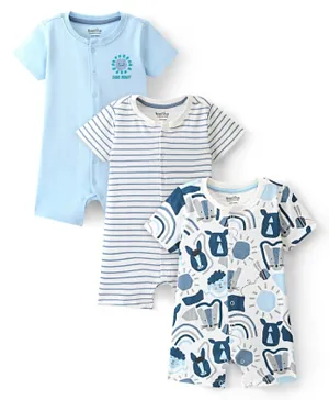 Bonfino Cotton Knit Half Sleeves Rompers Solid Striped & Animal Print  Pack Of 3 - Blue