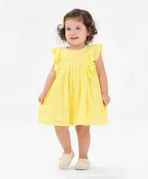 Bonfino 100% Cotton Frill Sleeves Fit and Flair Double Gauze Frock Solid Color -Yellow