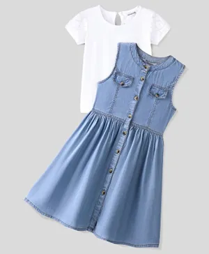 Ollington St. 100% Cotton Frock with Short Sleeves Inner Tee Solid Color - White & Indigo Blue