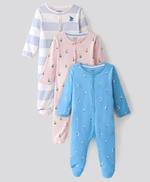 Bonfino 100% Cotton Knit Full Sleeves Footed Sleep Suits With Boat Print Pack Of 3 - White Pink & Blue